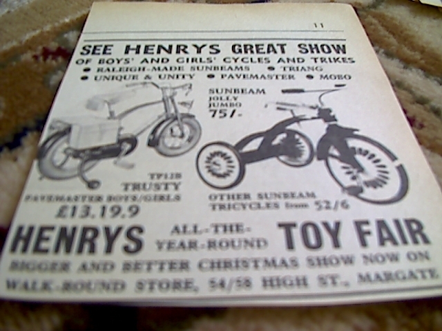 67-5 ephemera 1964 advert henrys toy fair margate tricycles bikes 67-5 ephemera 1964 advert henrys toy fair margate tricycles bikes