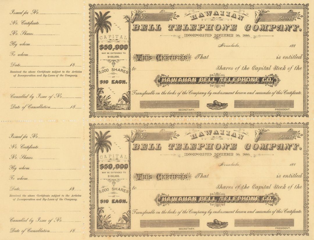 Hawaiian Bell Telephone Company - Known Now as Hawaiian Telcom - 1880's dated