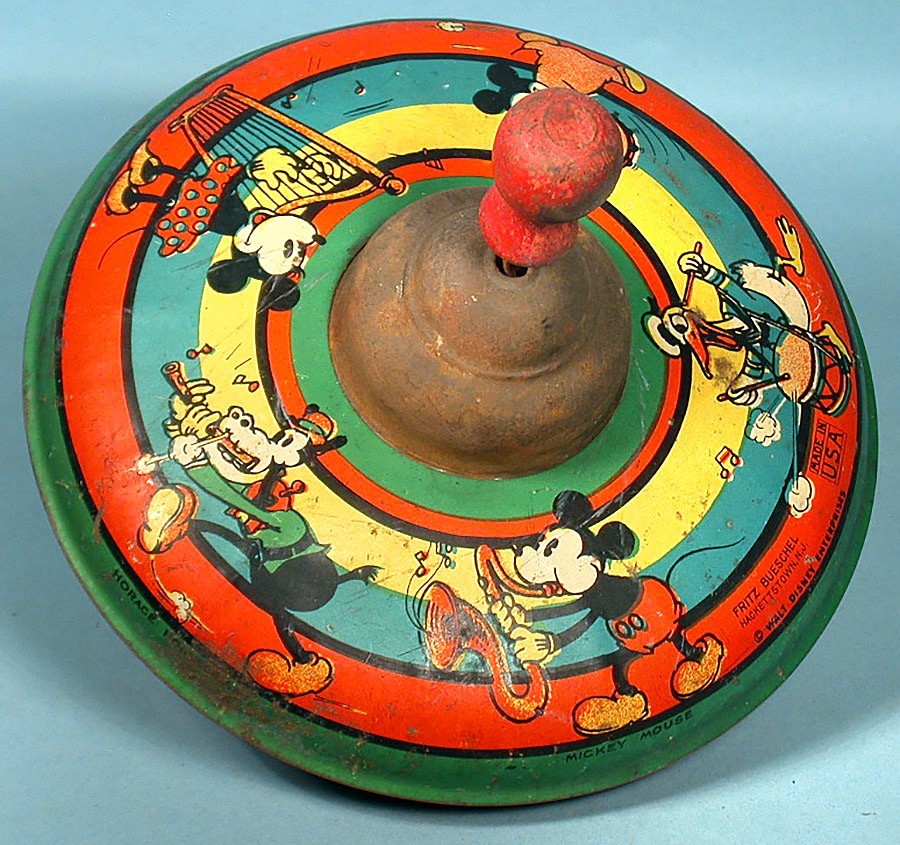 1934-35 Walt Disney Ent Tin Spin Top Toy Fritz Bueschel Mickey Mouse Donald Duck