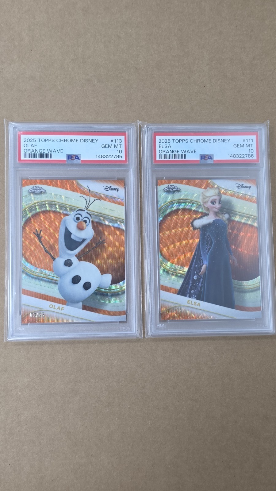 ELSA OLAF 2025 TOPPS CHROME DISNEY ORANGE WAVE  /25 PSA 10 Sequential Pair