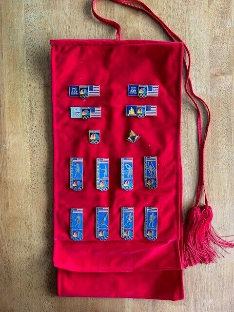 1992 Barcelona Olympic NBC VINTAGE Media 14 Pin Set on Red Pin Sash RARE 1992 Barcelona Olympic NBC VINTAGE Media 14 Pin Set on Red Pin Sash RARE