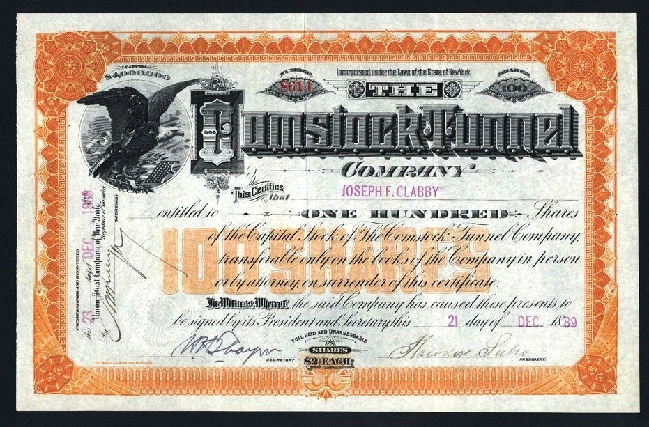 1889 Comstock Tunnel - Signed by Theodore Sutro - EX RARE Stock Certificate 1889 Comstock Tunnel - Signed by Theodore Sutro - EX RARE Stock Certificate