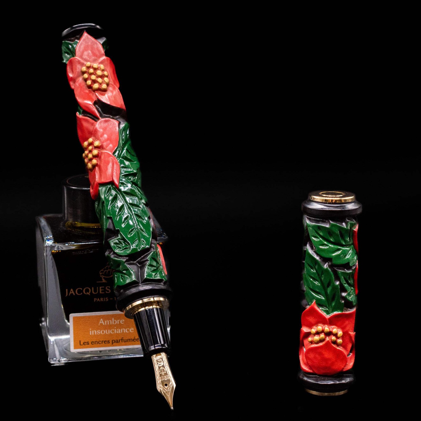 Sailor Kamakura-Bori Hanahishi Green & Red Fountain Pen - Piece Unique