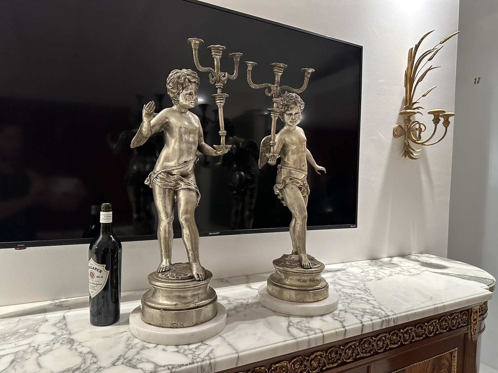 Stunning Pair of Mirroring Angel Candelabras - White Marble Bases, High Detail