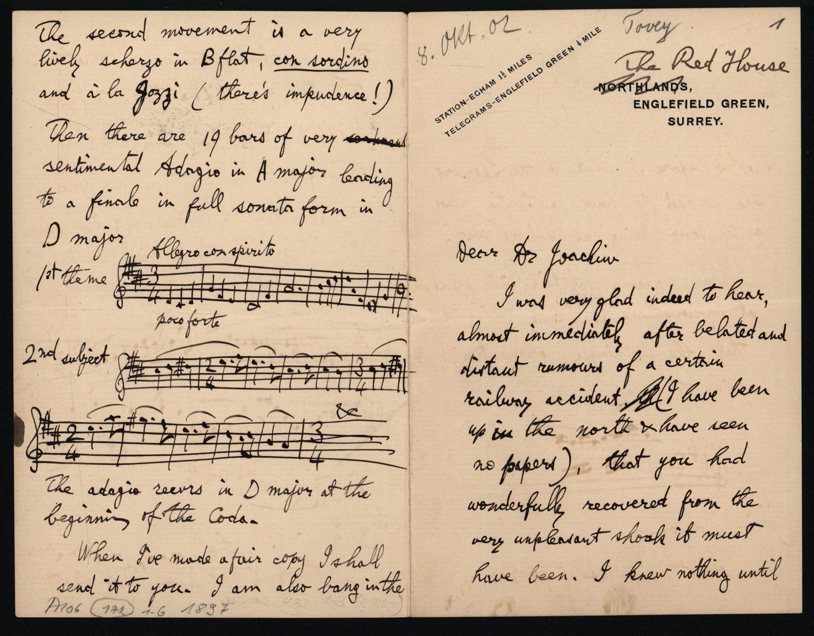 Tovey, 6 Signed Handwritten Letters and Notations to Joseph Joachim.