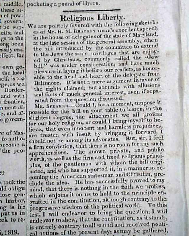 2 JEWS BILL Equal Rights Jewish Judaica Henry Marie Brackenridge 1819 Newspapers