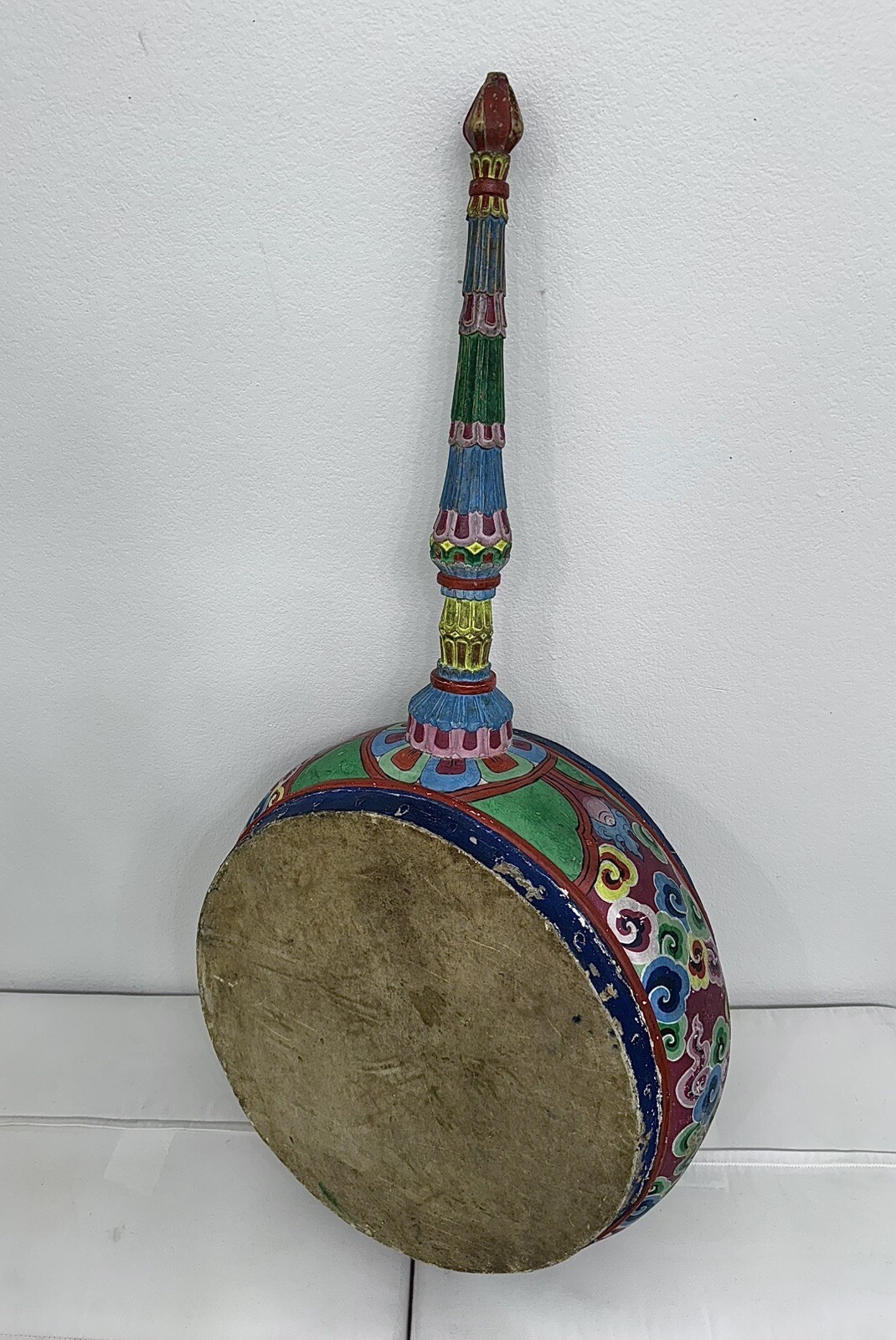 Antique Tibetan 19th C. Drum Painted Carved Wood Museum Worthy 48” x 18.5” x 10”
