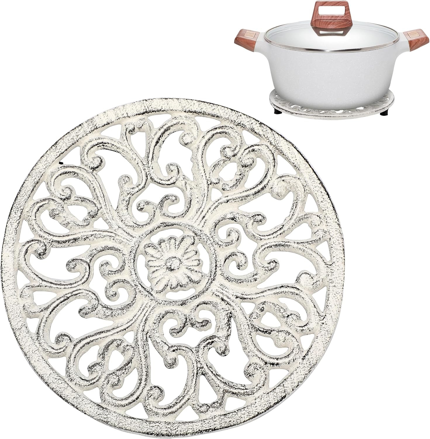 Sumnacon Cast Iron Trivet Retro White 6.7 Inch Iron Trivets with Rubber Feets fo Sumnacon Cast Iron Trivet Retro White 6.7 Inch Iron Trivets with Rubber Feets fo