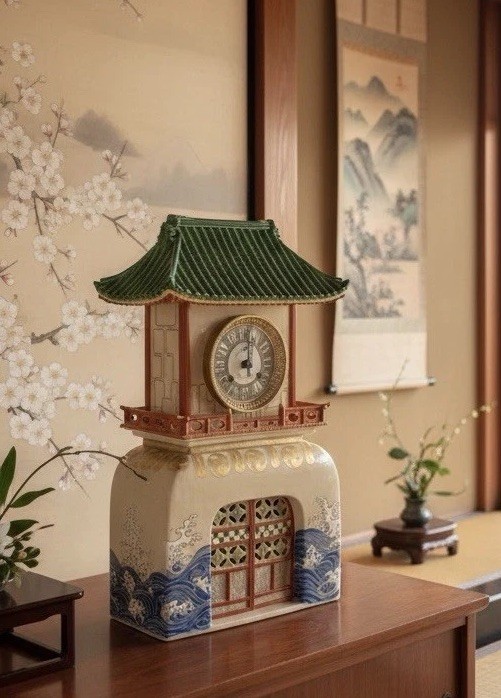 19th-C French Orientalist Japonisme Louis XV Clock Signed Stoneware Pagoda 17”