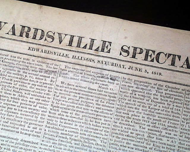 EDWARDSVILLE Madison County Illinois Very Early Rare Volume 1 1819 old Newspaper