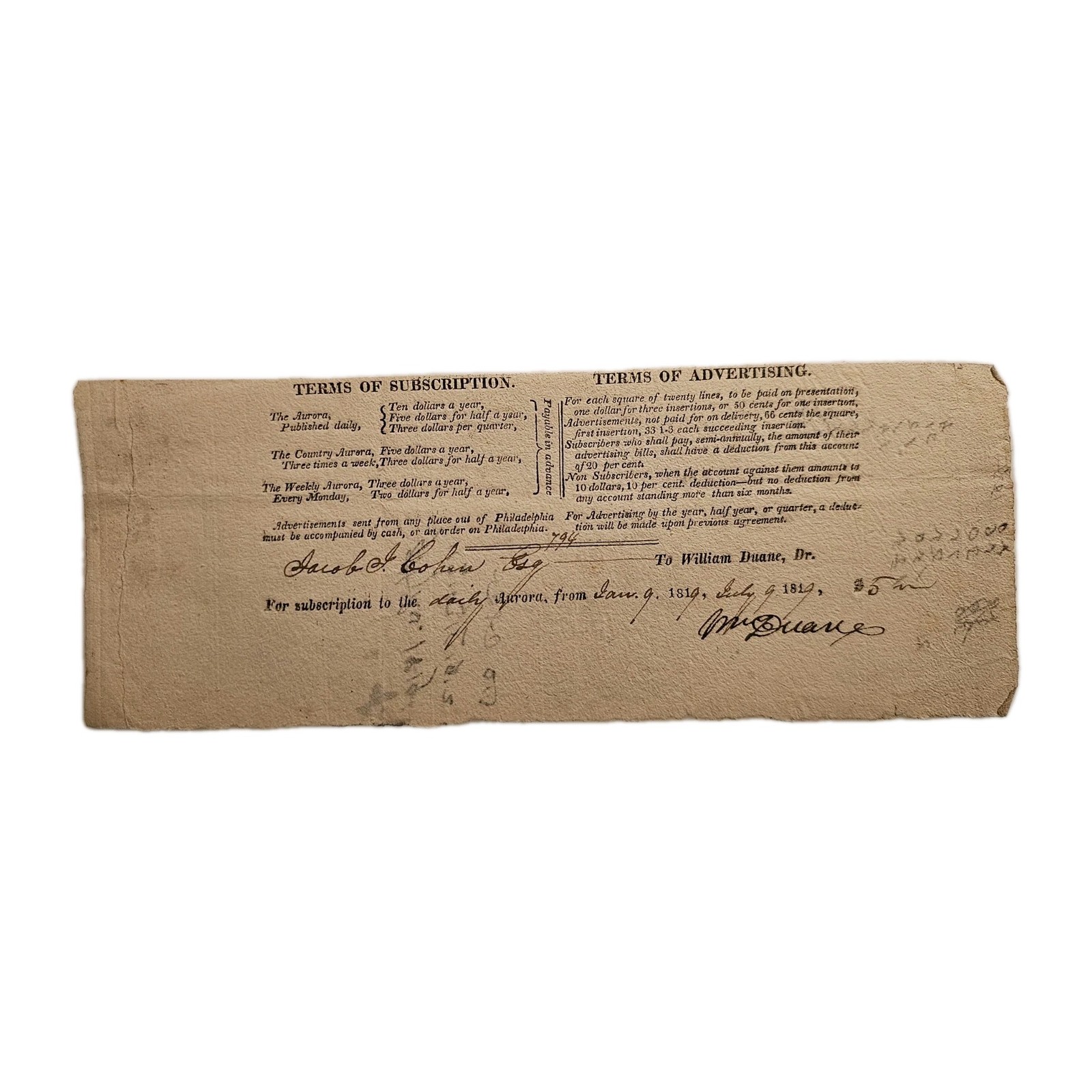1819 William Duane Signed Aurora Newspaper Receipt to Jacob I Cohen Jr Baltimore 1819 William Duane Signed Aurora Newspaper Receipt to Jacob I Cohen Jr Baltimore
