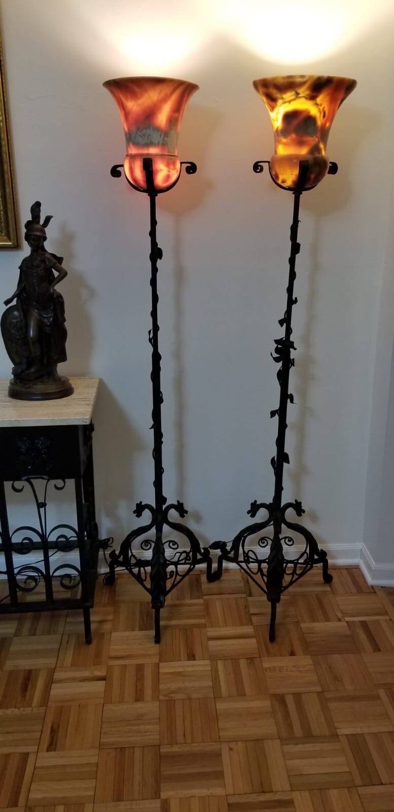 Fabulous Pair Arts Crafts Wrought Iron Dragon Torchiere Lamps w Marble Shade 68” Fabulous Pair Arts Crafts Wrought Iron Dragon Torchiere Lamps w Marble Shade 68”
