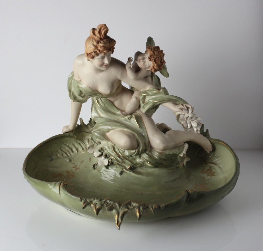 Austrian RStK Turn Teplitz Amphora Porcelain Figural Centerpiece Bowl nude c1900 Austrian RStK Turn Teplitz Amphora Porcelain Figural Centerpiece Bowl nude c1900