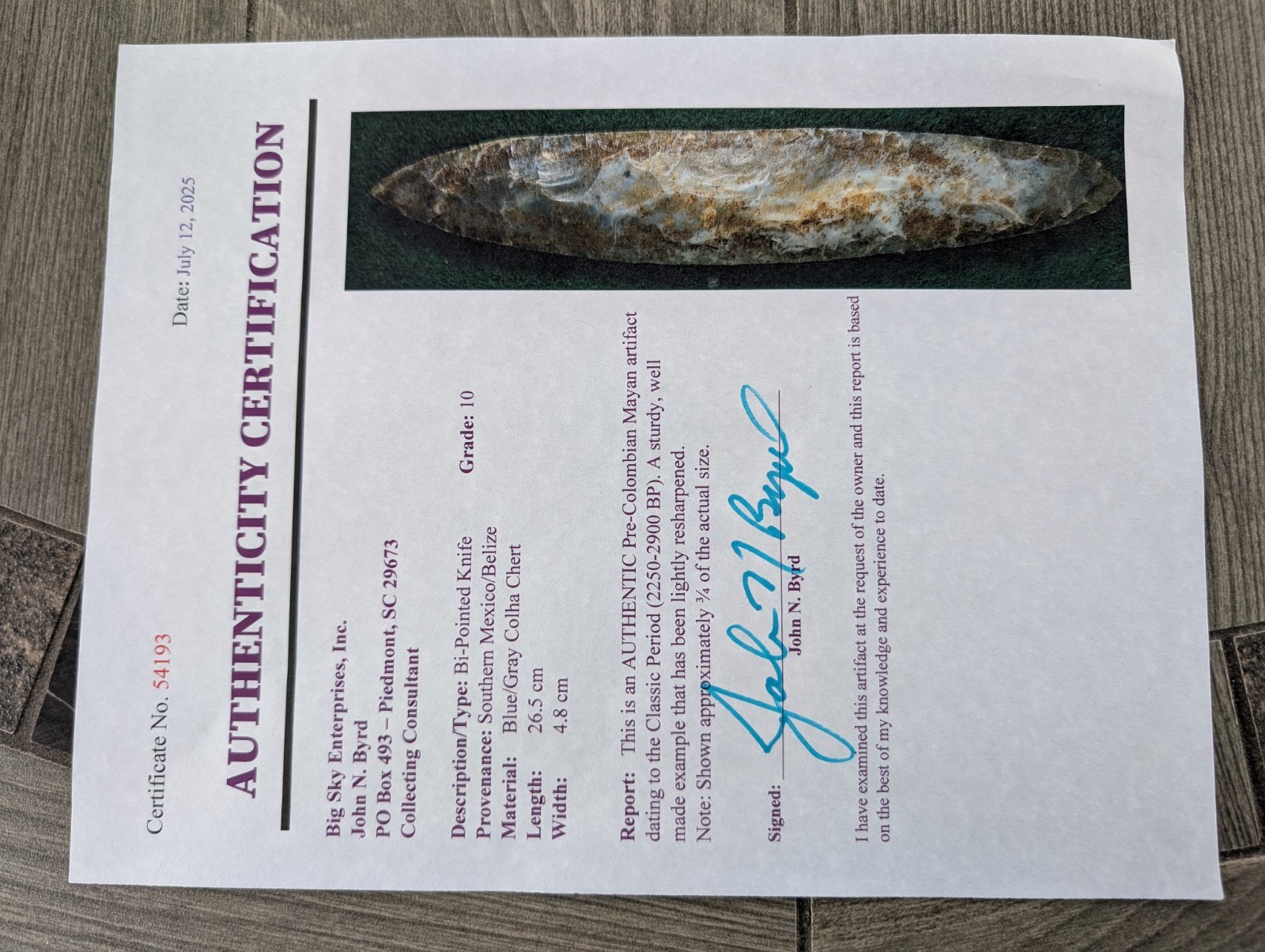 LARGE Bi-pointed Knife Pre-Columbian Mayan Colha Chert Blade BIG SKY INC COA =10 LARGE Bi-pointed Knife Pre-Columbian Mayan Colha Chert Blade BIG SKY INC COA =10