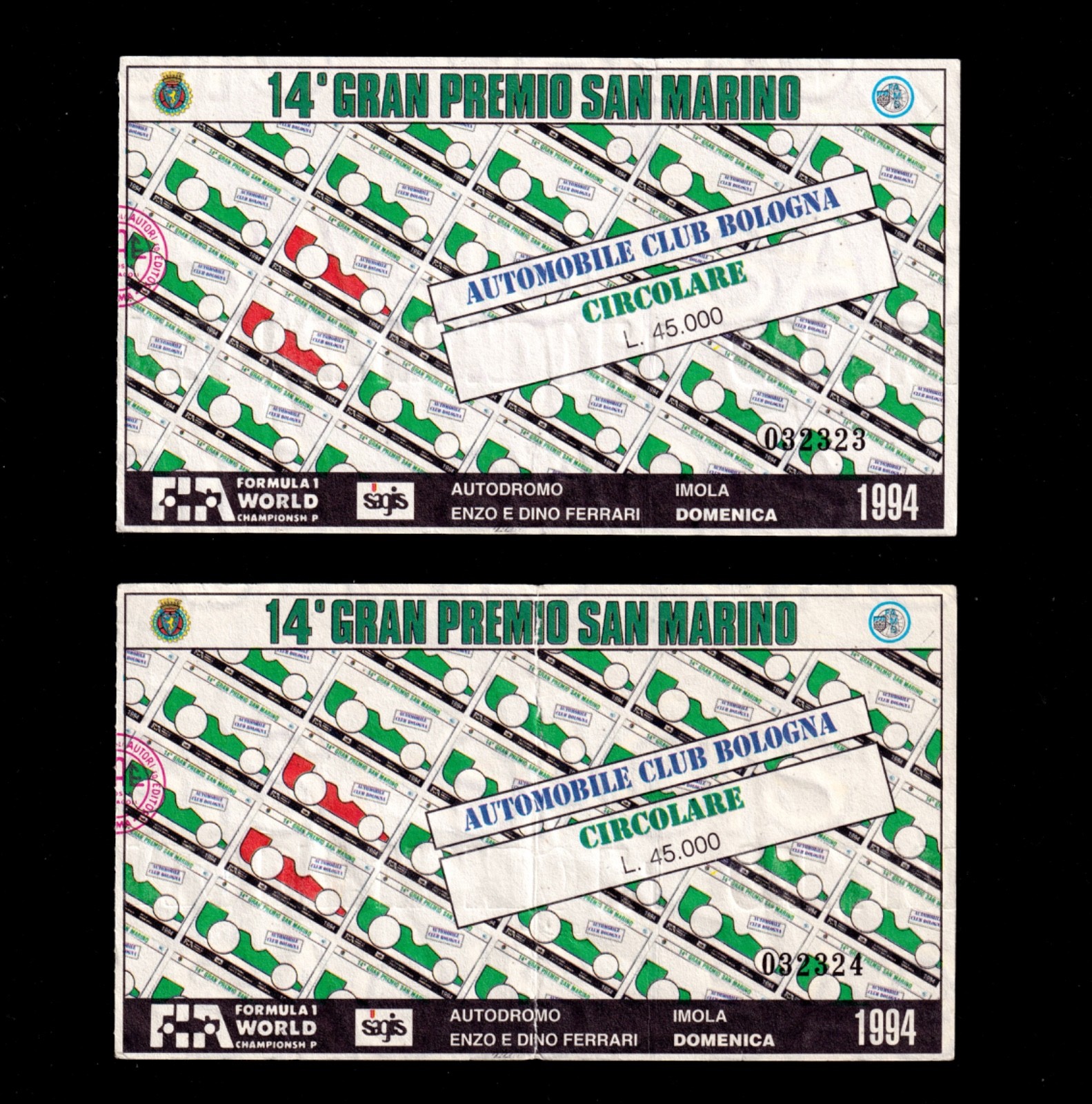 Ayrton Senna San Marino GP Imola 1994 Rare Pair of Consecutive Unused Tickets