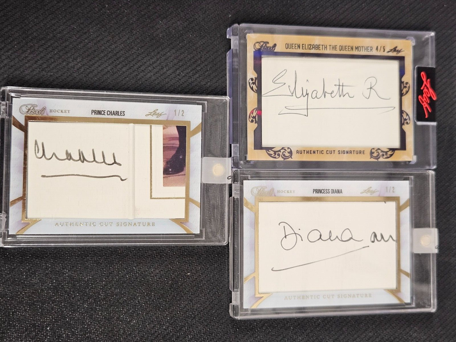 LEAF PEARL QUEEN ELIZABETH PRINCESS DIANA KING CHARLES CUT SIGNATURES (LOT OF 3) LEAF PEARL QUEEN ELIZABETH PRINCESS DIANA KING CHARLES CUT SIGNATURES (LOT OF 3)