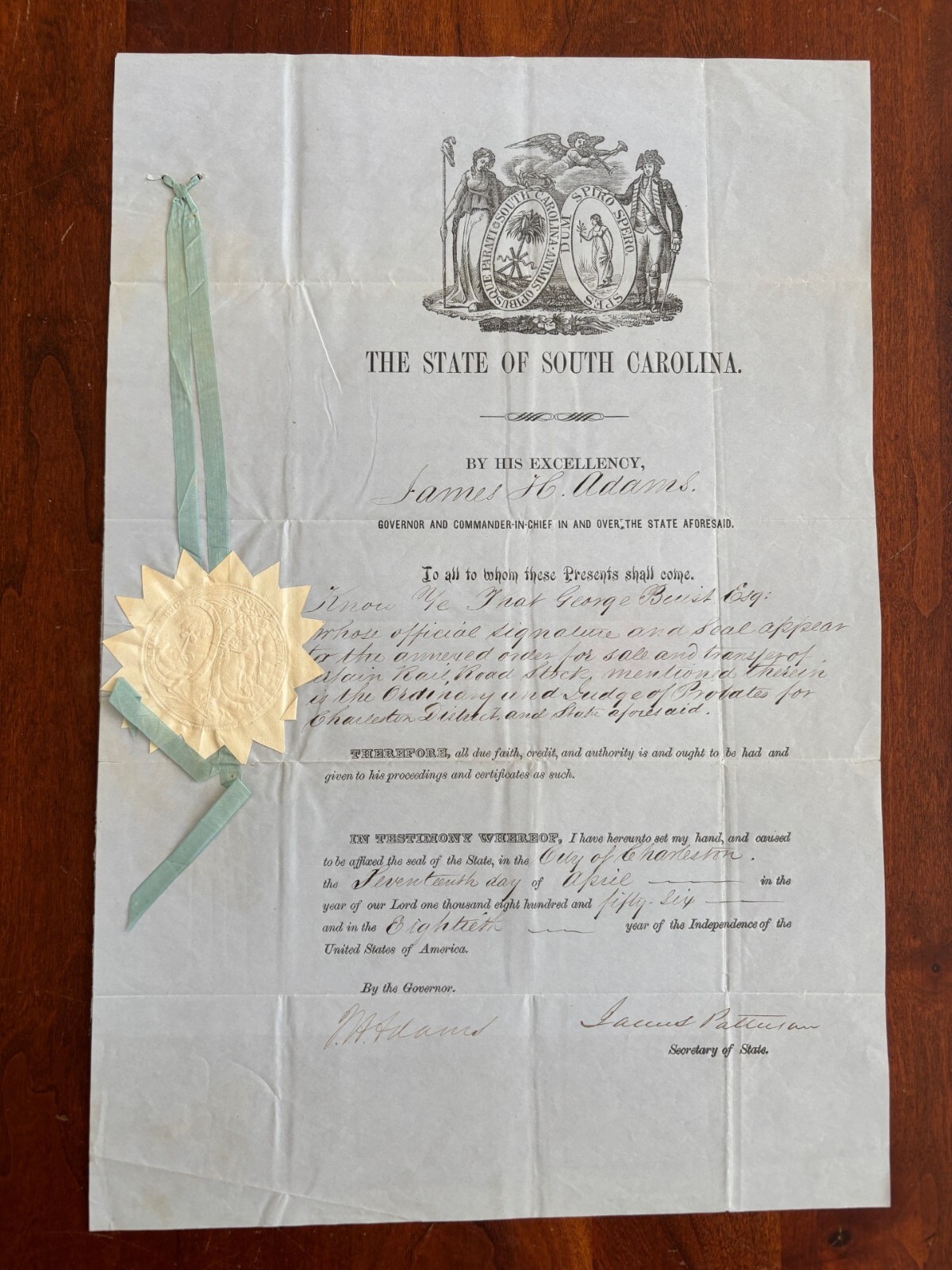 RARE 1856 South Carolina GOVERNOR James Hopkins Adams, Letter re Railroad Stock