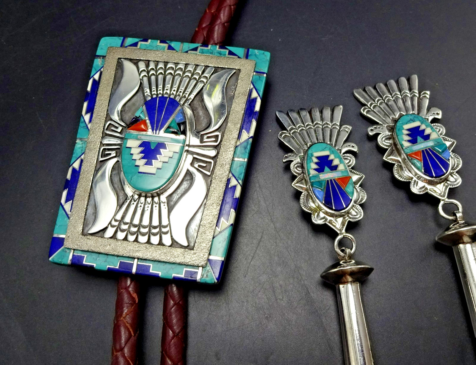 NAVAJO Abraham Begay MUSEUM QUALITY Turquoise Lapis Inlay BOLO Sterling Silver NAVAJO Abraham Begay MUSEUM QUALITY Turquoise Lapis Inlay BOLO Sterling Silver