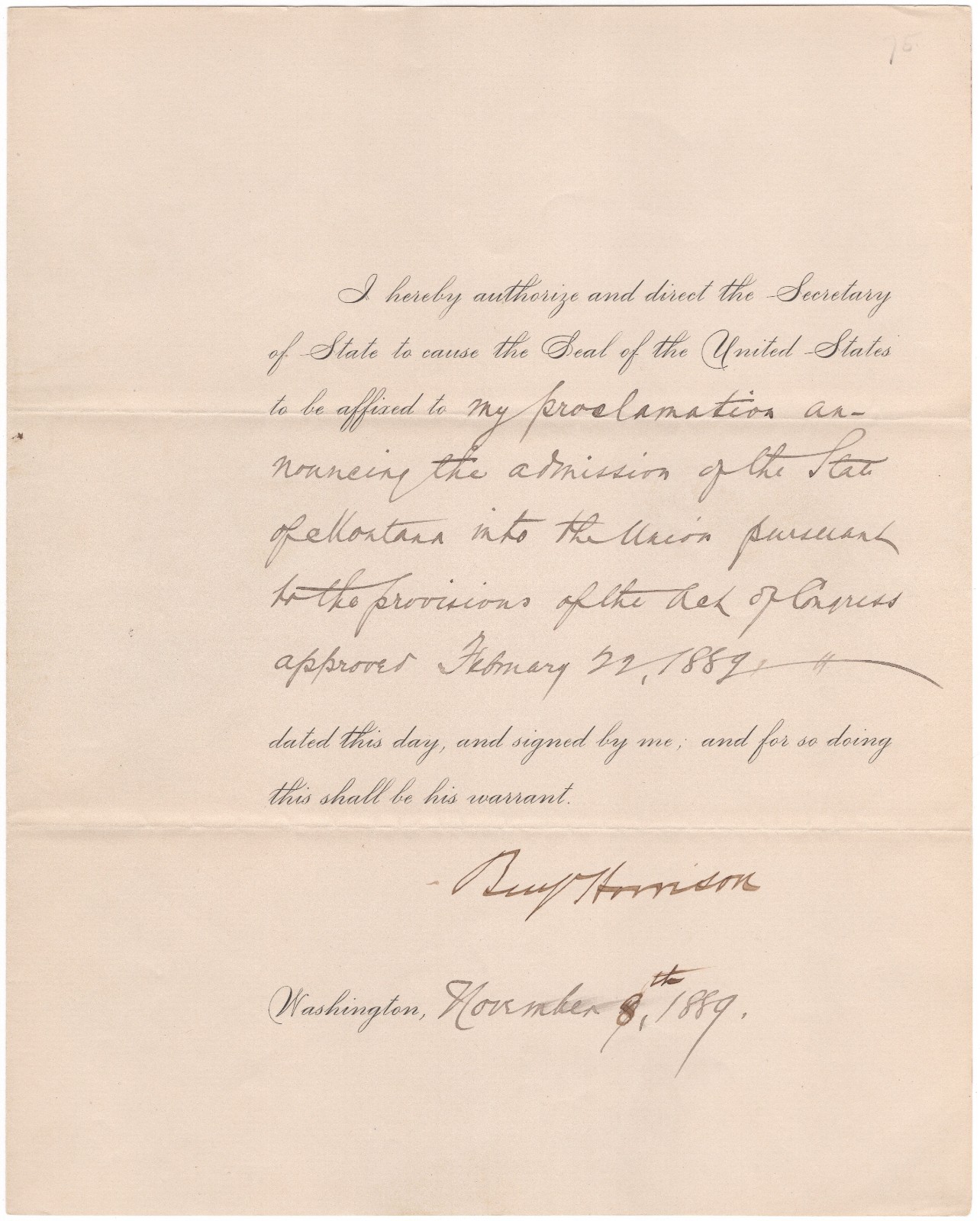 Benjamin Harrison - RARE Document Signed - United States Admits State of Montana Benjamin Harrison - RARE Document Signed - United States Admits State of Montana