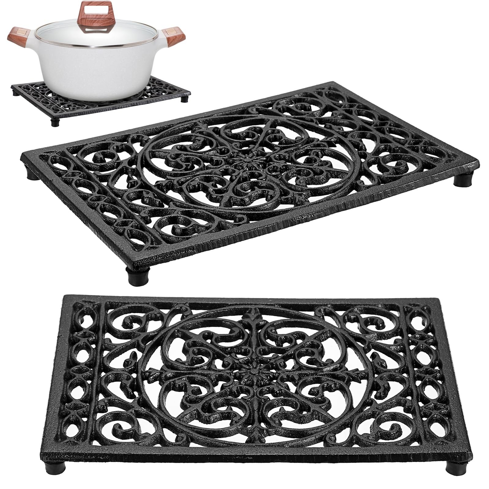 Sumnacon Cast Iron Trivet 2Pcs Heat Resistant Trivets 9.6 x 6.3 Inch, Black