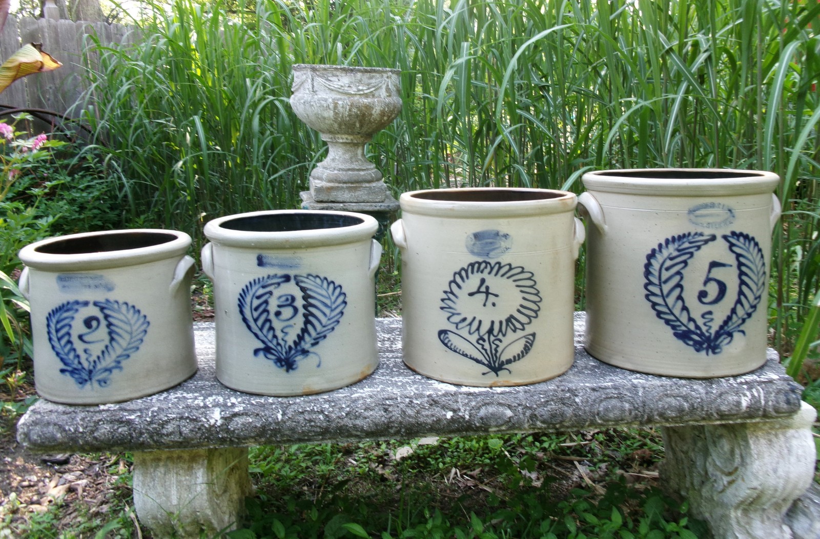 ANTIQUE PRIMITIVE COUNTRY SET OF FOUR JOHN BURGER ROCHESTER NY STONEWARE CROCKS