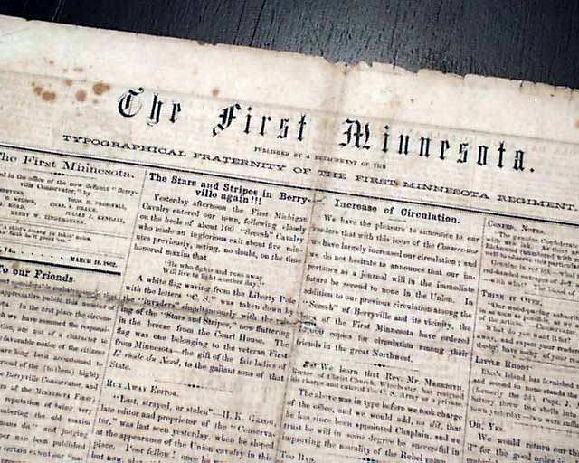 Very Rare BERRYVILLE VA Virginia First Minnesota Camp 1862 Civil War Newspaper Very Rare BERRYVILLE VA Virginia First Minnesota Camp 1862 Civil War Newspaper