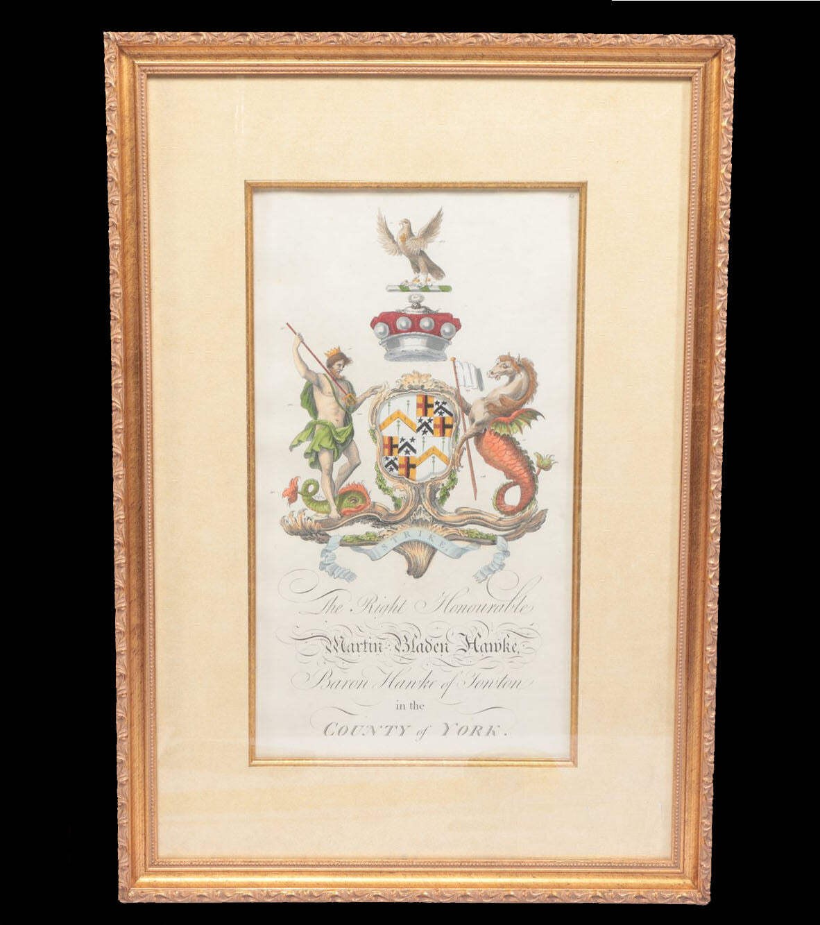 18th-Century British Heraldic Copperplate – Baron Hawke of Towton | Hand-Colored 18th-Century British Heraldic Copperplate – Baron Hawke of Towton | Hand-Colored