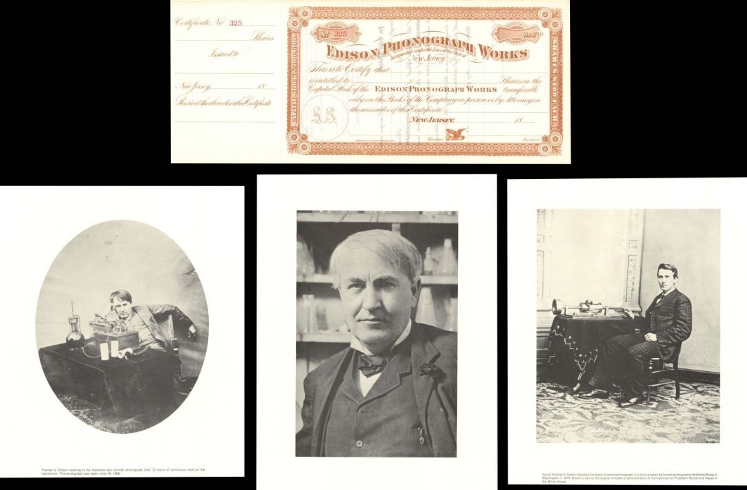 Edison Phonograph Works plus 3 Portraits - 1880's dated Unissued Stock Certifi Edison Phonograph Works plus 3 Portraits - 1880's dated Unissued Stock Certifi