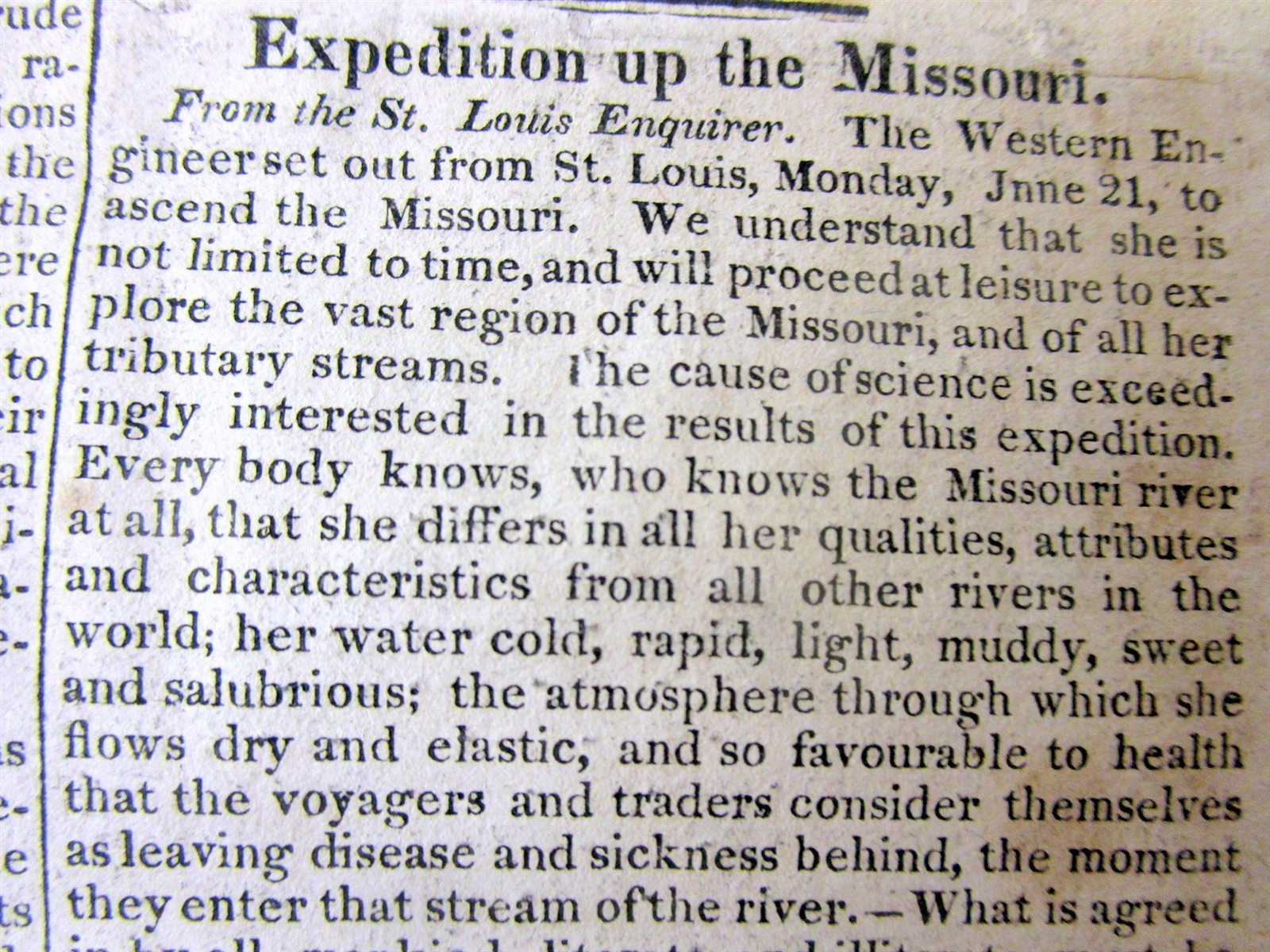 1819 newspaper THE STEPHEN H LONG EXPEDITION of the MISSOURI RIVER sets out