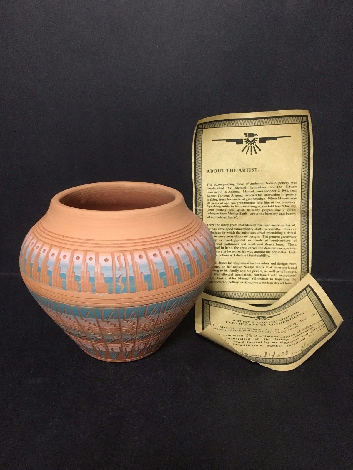 RARE SIGNED MANUEL YELLOWHAIR NAVAJO INDIAN ART POTTERY CLAY POT VASE #38/260 RARE SIGNED MANUEL YELLOWHAIR NAVAJO INDIAN ART POTTERY CLAY POT VASE #38/260