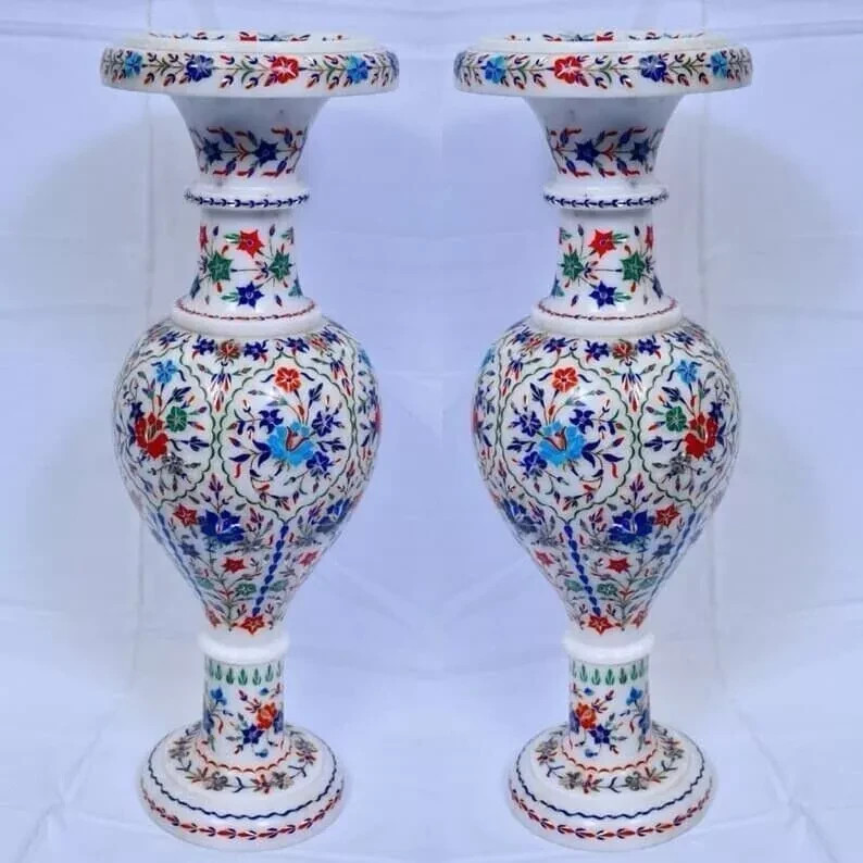 Luxury White Marble Inlay Floral Vases - Unique Gift - 24 Inch Height