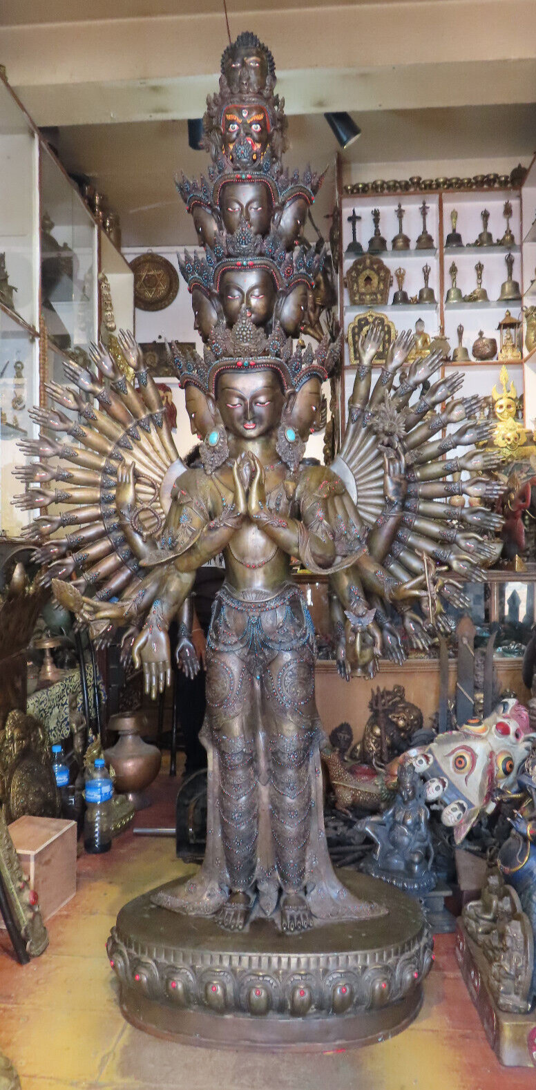 Antique Master Quality Handmade Copper Tibetan 100 Arms Avalokitesva Rupa, Nepal