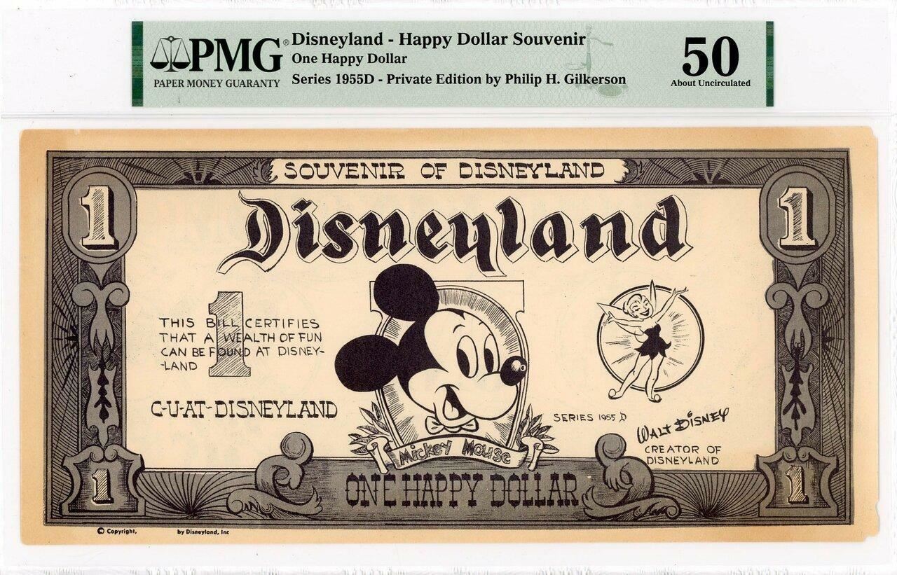 1955 D $1 Disneyland One Happy Dollar Mickey PMG 50 - Giant Disney Dollar 1955 D $1 Disneyland One Happy Dollar Mickey PMG 50 - Giant Disney Dollar