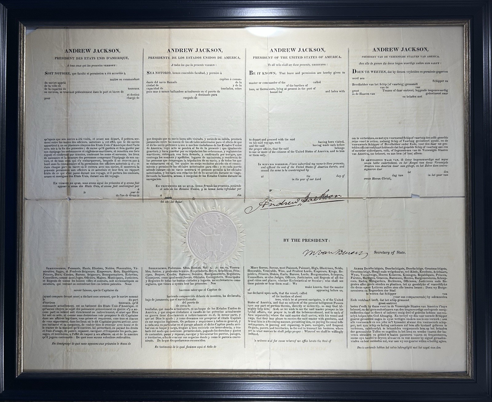 RARE Four-Language Ship's Papers SIGNED by Andrew Jackson & Martin Van Buren RARE Four-Language Ship's Papers SIGNED by Andrew Jackson & Martin Van Buren