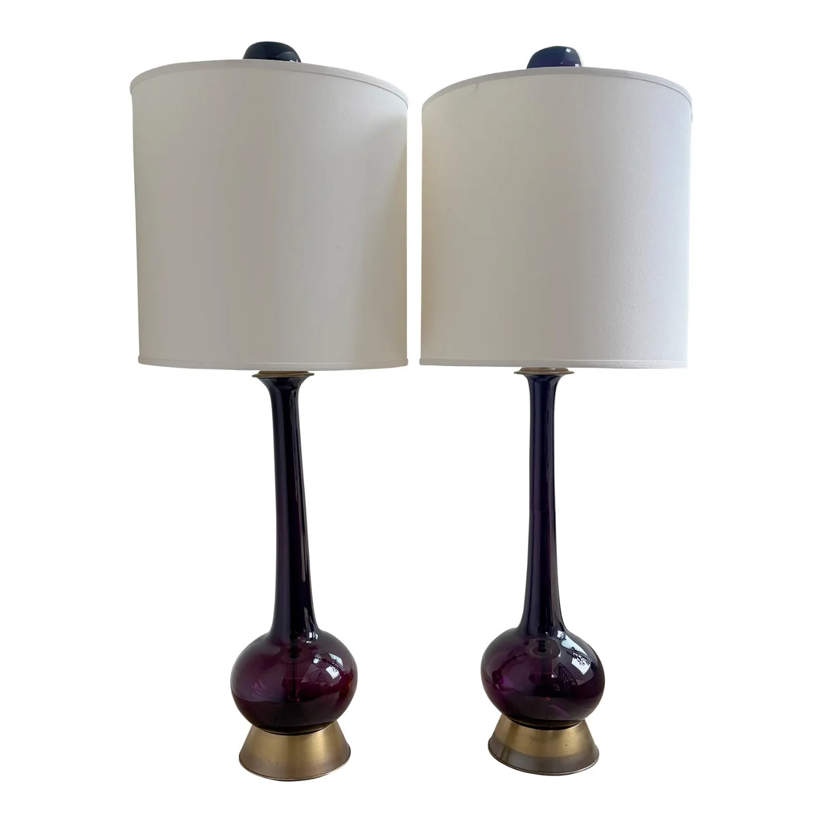 Rare Pair - Vintage Marbro Amethyst Art Glass Table Lamps, McM, C. 1960s, Brass