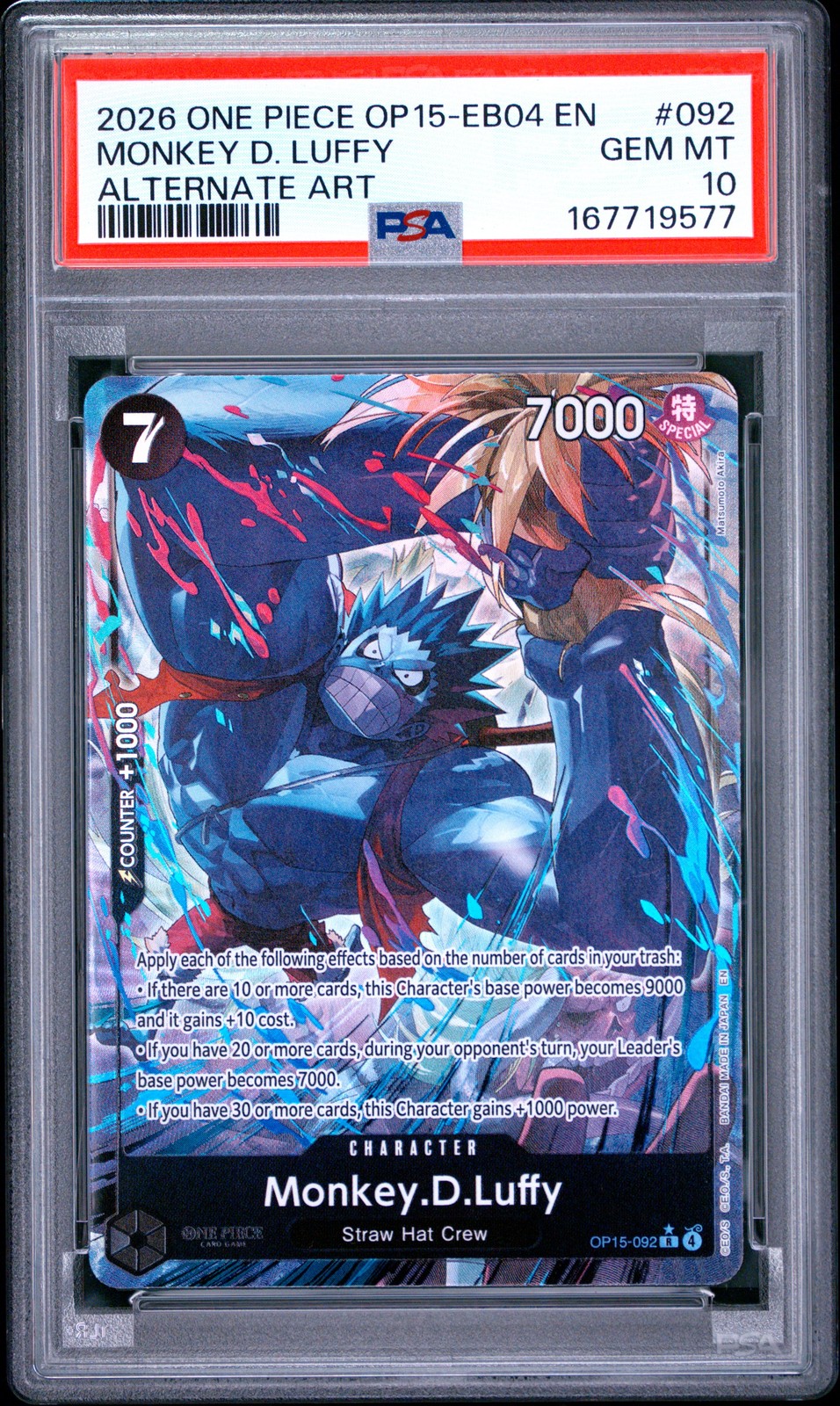 2026 ONE PIECE OP15-EB04-ADVENTURE ON KAMI'S ISLAND #092 MONKEY D. LUFFY PSA 10