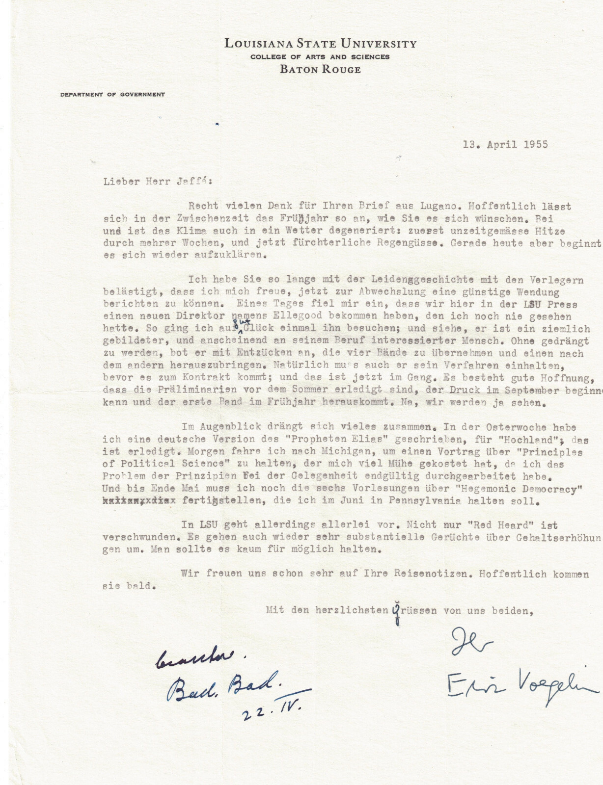 Eric Voegelin Philosopher 1955 Typed Signed Letter LSU Hochland Elias Jaffe Eric Voegelin Philosopher 1955 Typed Signed Letter LSU Hochland Elias Jaffe