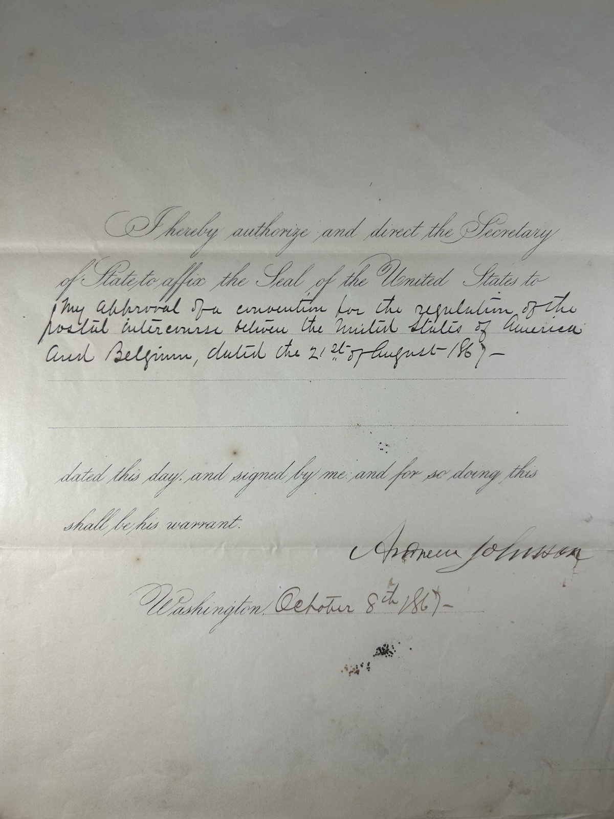 Andrew Johnson Document Signed, Earliest Treaty for International Postal Service Andrew Johnson Document Signed, Earliest Treaty for International Postal Service