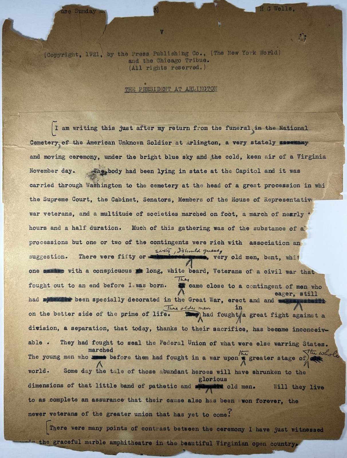H.G. Wells - Manuscript Signed - On Warren G. Harding & Tomb of Unknown Soldier H.G. Wells - Manuscript Signed - On Warren G. Harding & Tomb of Unknown Soldier