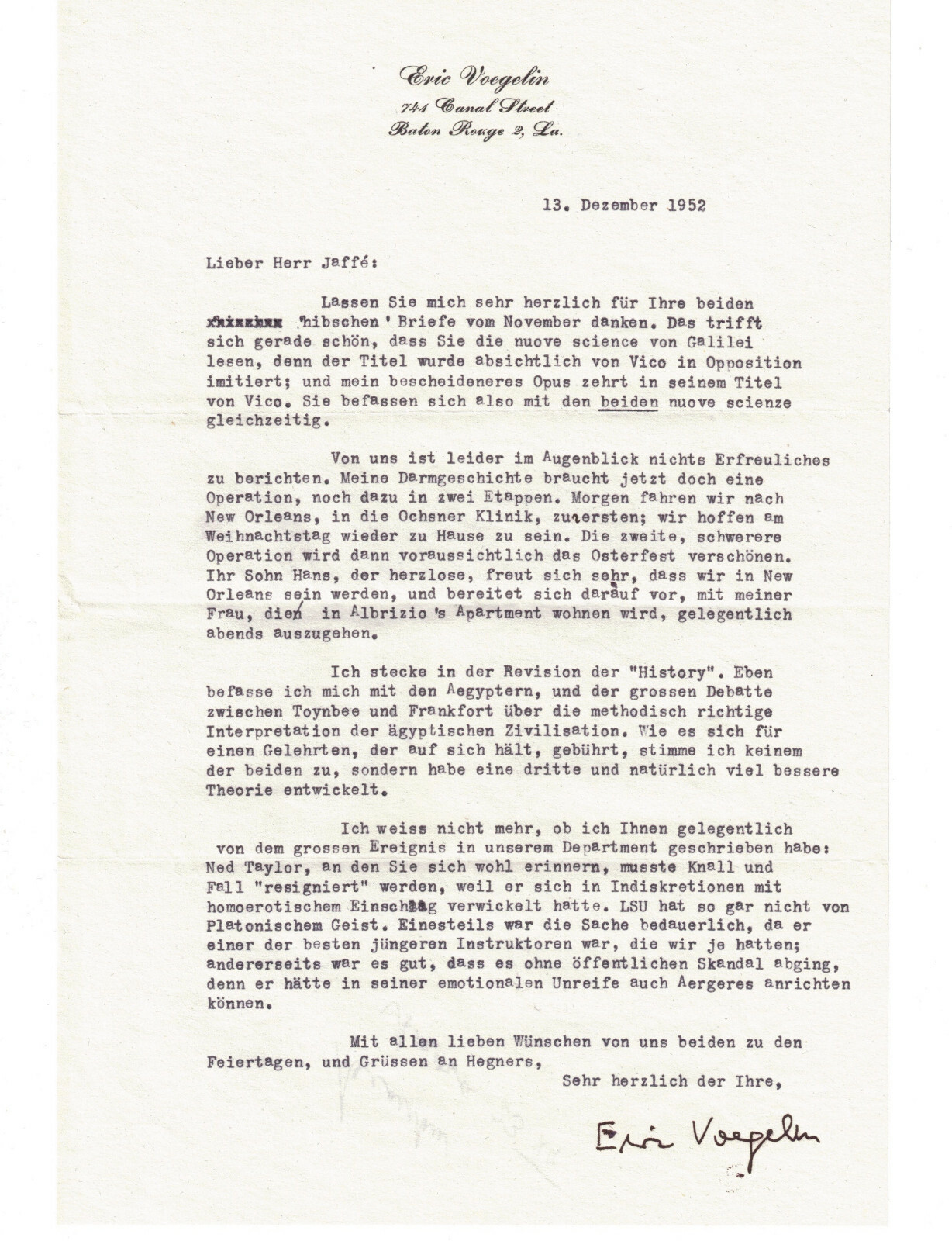 Eric Voegelin Philosopher 1952 Typed Signed Letter LSU Gay Scandal Resign LGBTQ