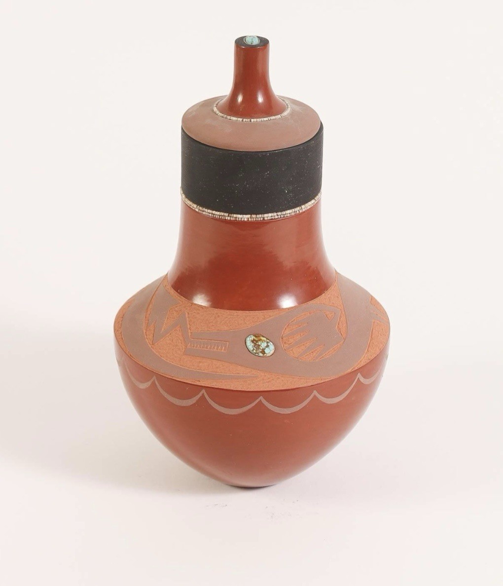 Russell Sanchez San Ildefonso Turquoise inlaid Redware Jar and Cover Russell Sanchez San Ildefonso Turquoise inlaid Redware Jar and Cover