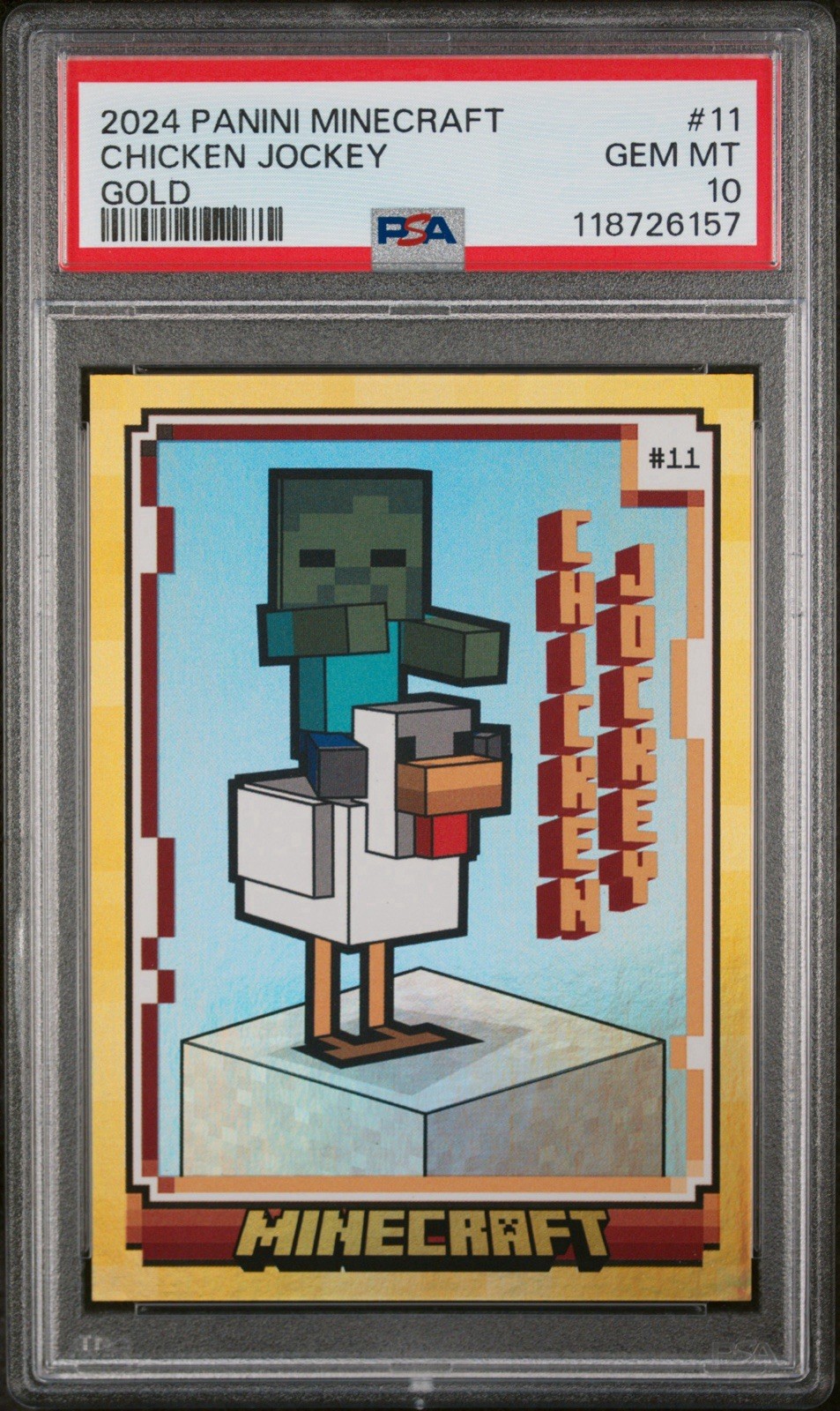 PSA 10 2024 Panini Minecraft No. 11 Chicken Jockey Gold 71/99 Super Rare PSA 10 2024 Panini Minecraft No. 11 Chicken Jockey Gold 71/99 Super Rare