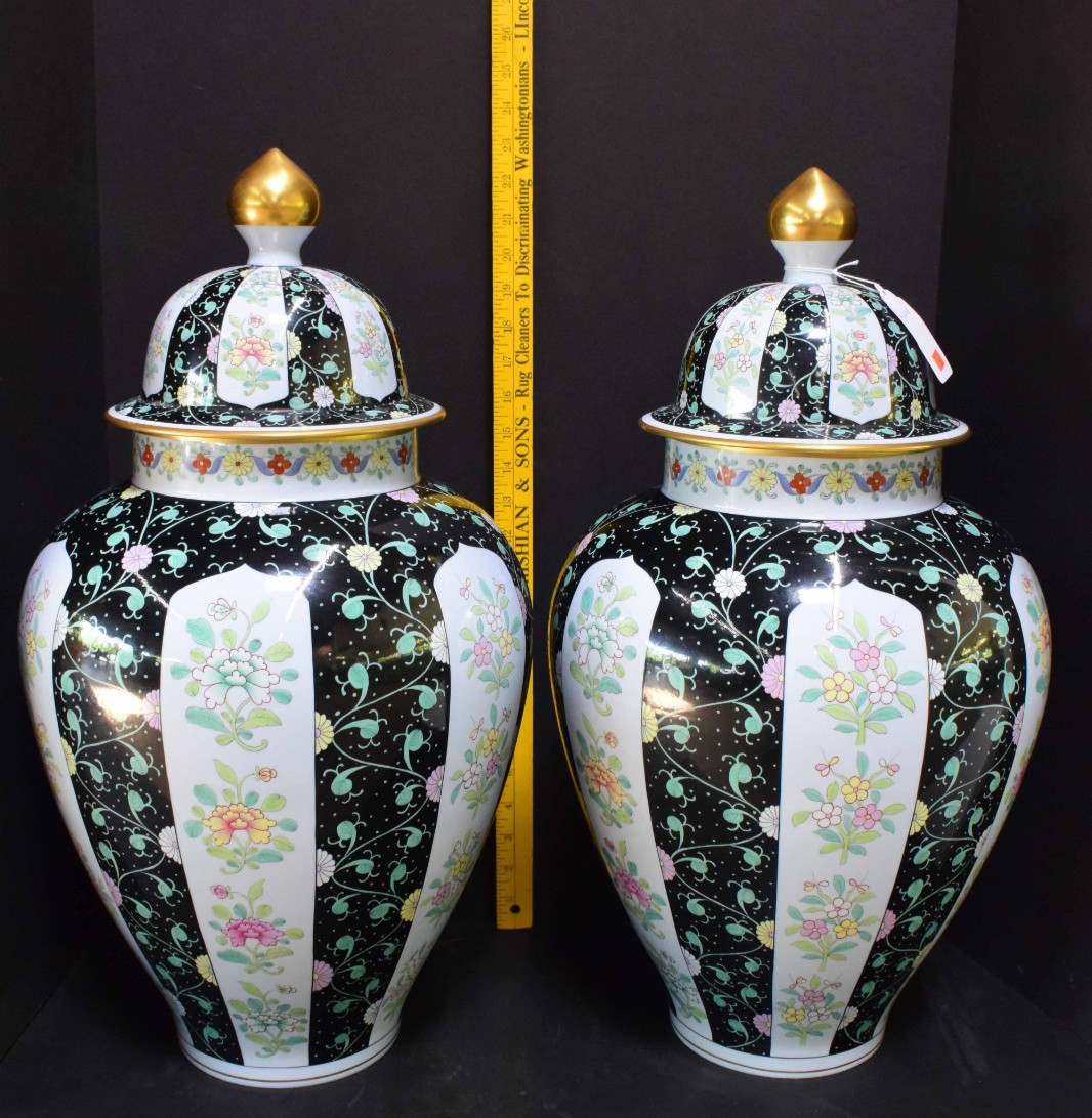 Rare Find - Large Pair of Herend Siang Noir Black Dynasty Lidded Urn Vases, 23
