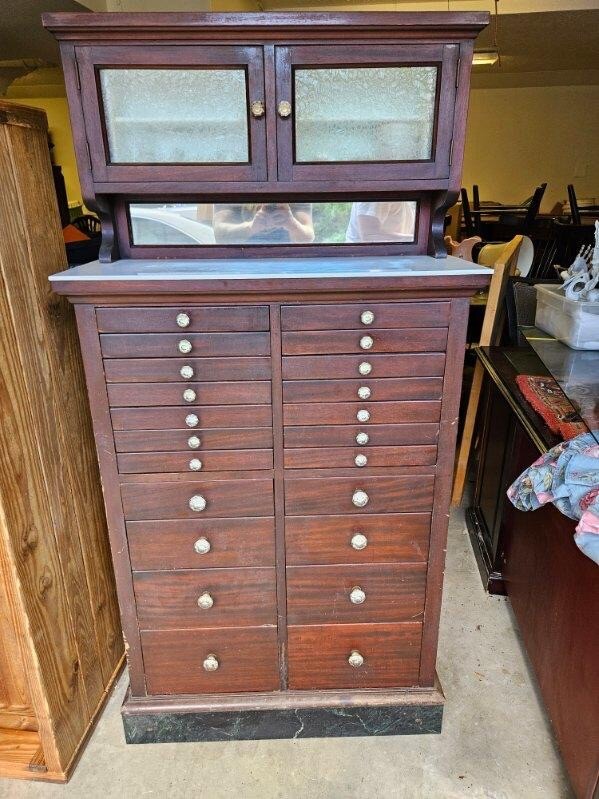 Antique 1920s Dental Storage Cabinet with Original Tools and Trays Medical Oak Antique 1920s Dental Storage Cabinet with Original Tools and Trays Medical Oak