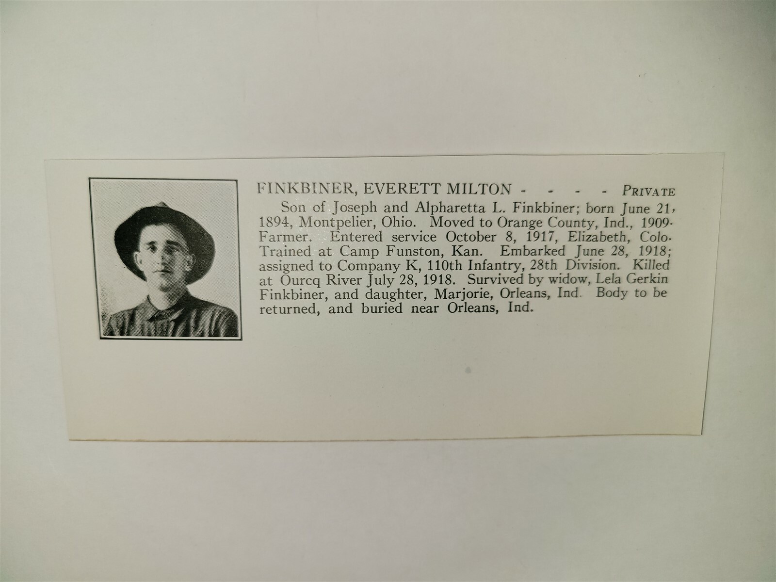 Everett Finkbiner Montpelier Ohio Camp Funston 110th Infantry 1921 WW1 Hero Pnel