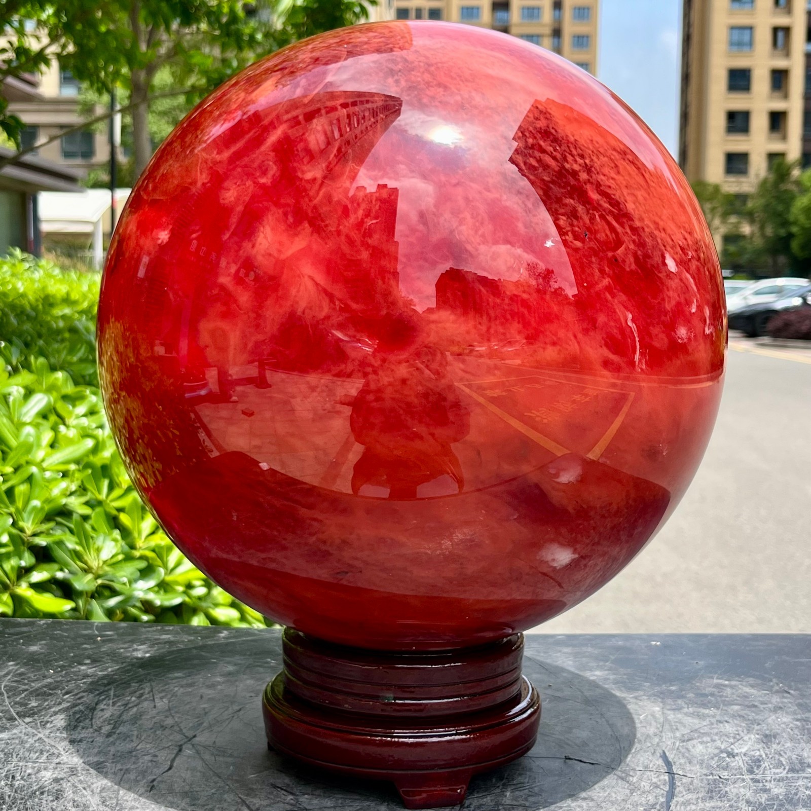 Large Red Smelted Crystal Ball Sphere Polished Quartz Glass Feng Shui Decor