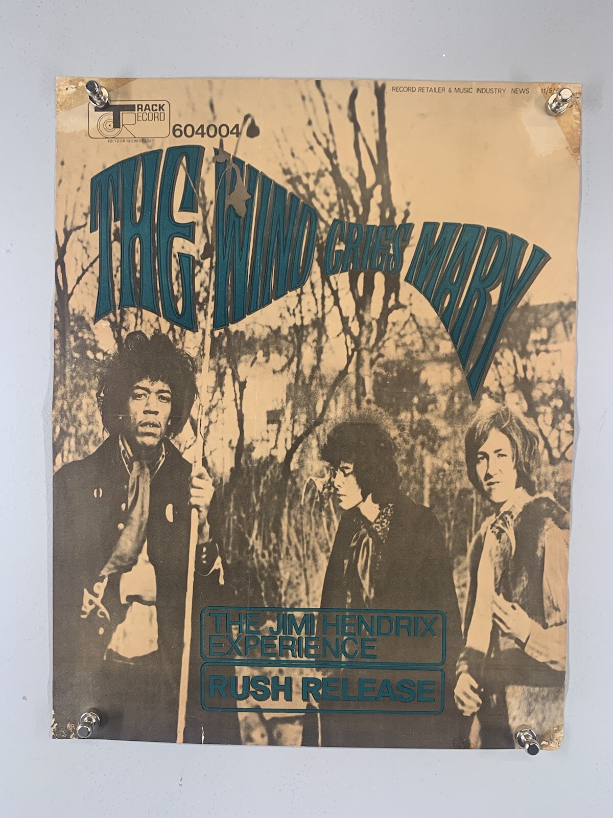 Jimi Hendrix Poster Track Record Original Vintage Promo The Wind Cries Mary 1967 Jimi Hendrix Poster Track Record Original Vintage Promo The Wind Cries Mary 1967