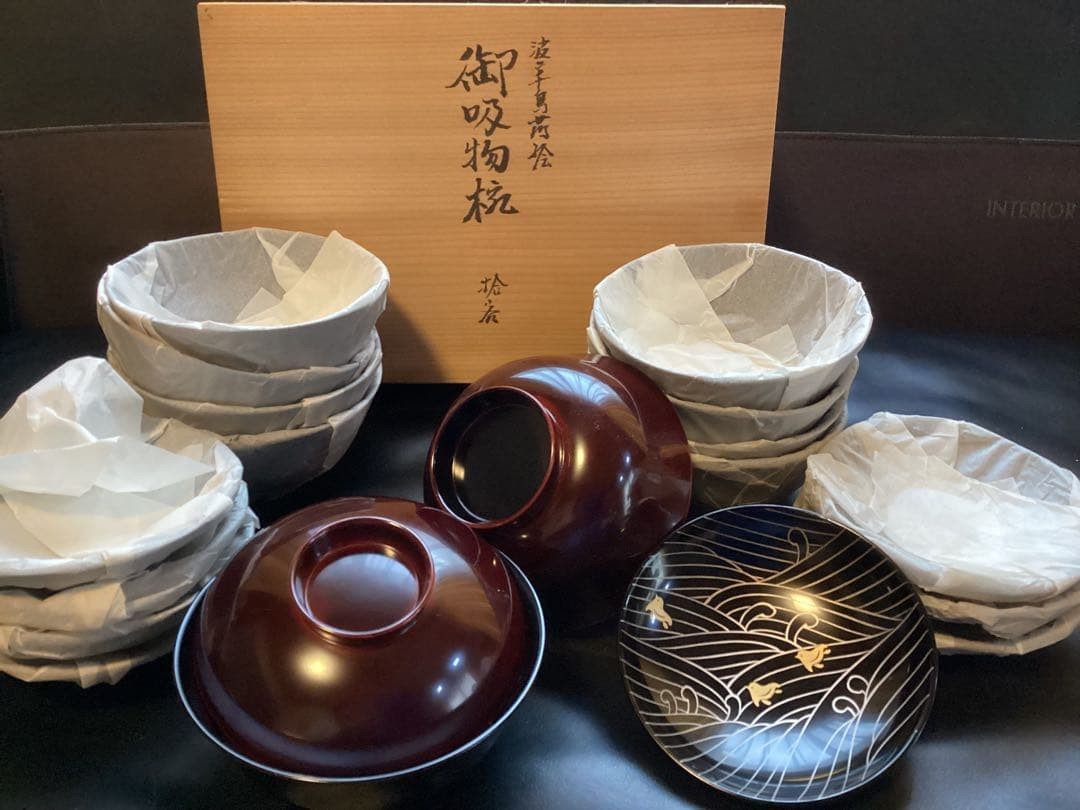 Echizen Lacquerware Kumejiro Wave Plover Soup Bowls Set of 10 Hand-painted Elega