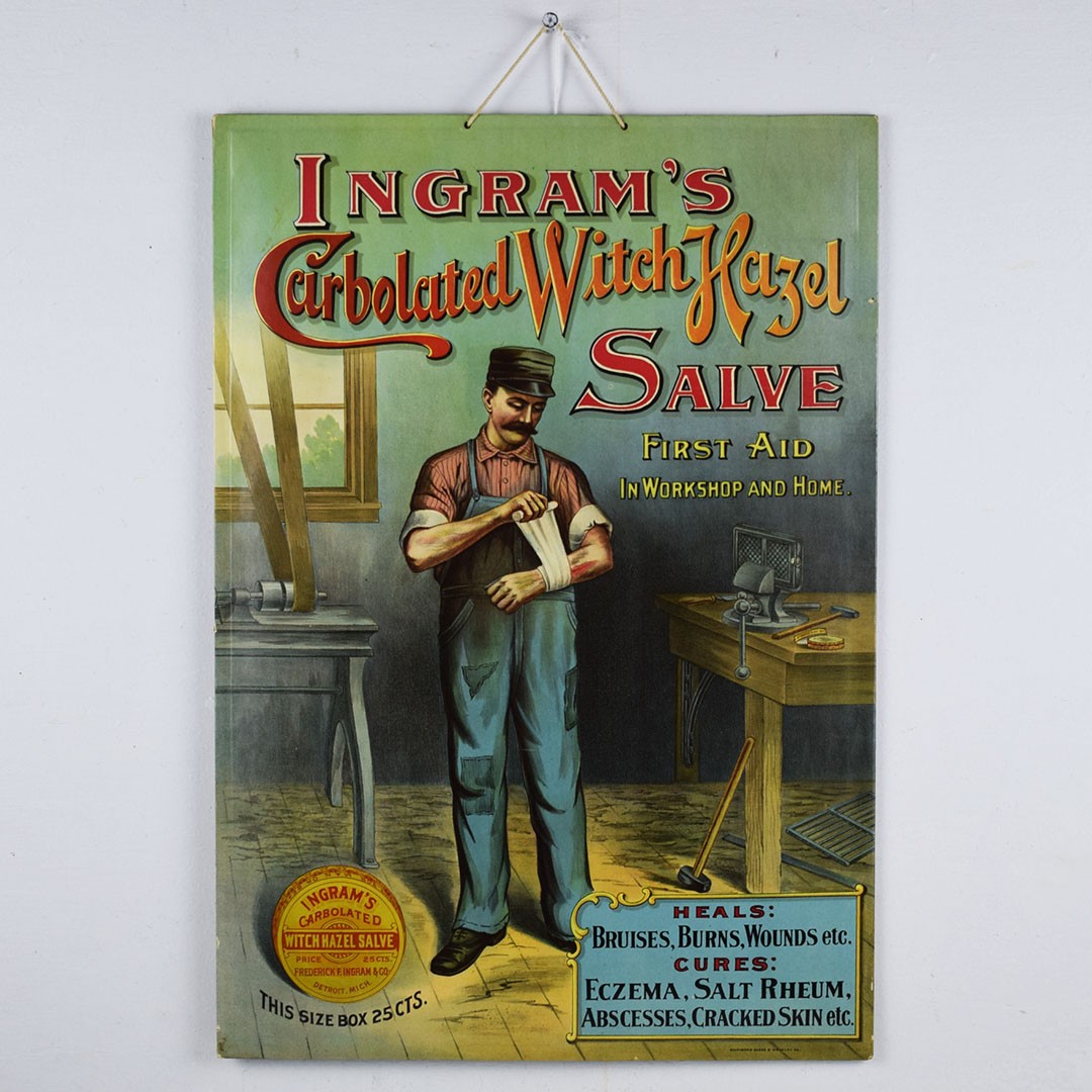 Ingrams Witch Hazel Salve First Aid Celluloid Over Cardboard Sign 19.75 In Tall Ingrams Witch Hazel Salve First Aid Celluloid Over Cardboard Sign 19.75 In Tall