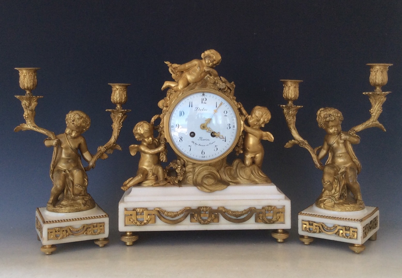 French Bronze Ormolu Mantle Clock Garniture Clodion Louis XV Style Circa 1880 French Bronze Ormolu Mantle Clock Garniture Clodion Louis XV Style Circa 1880
